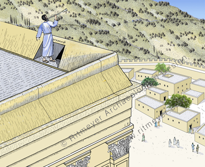 In this reconstruction drawing the priest stands blowing the trumpet in the designated place. From this high position he could be heard all over the city.